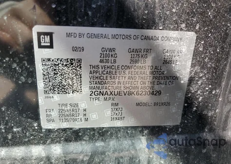 2019 Chevrolet Equinox Lt z USA, uszkodzony, nr VIN 2GNAXUEV8K6230429